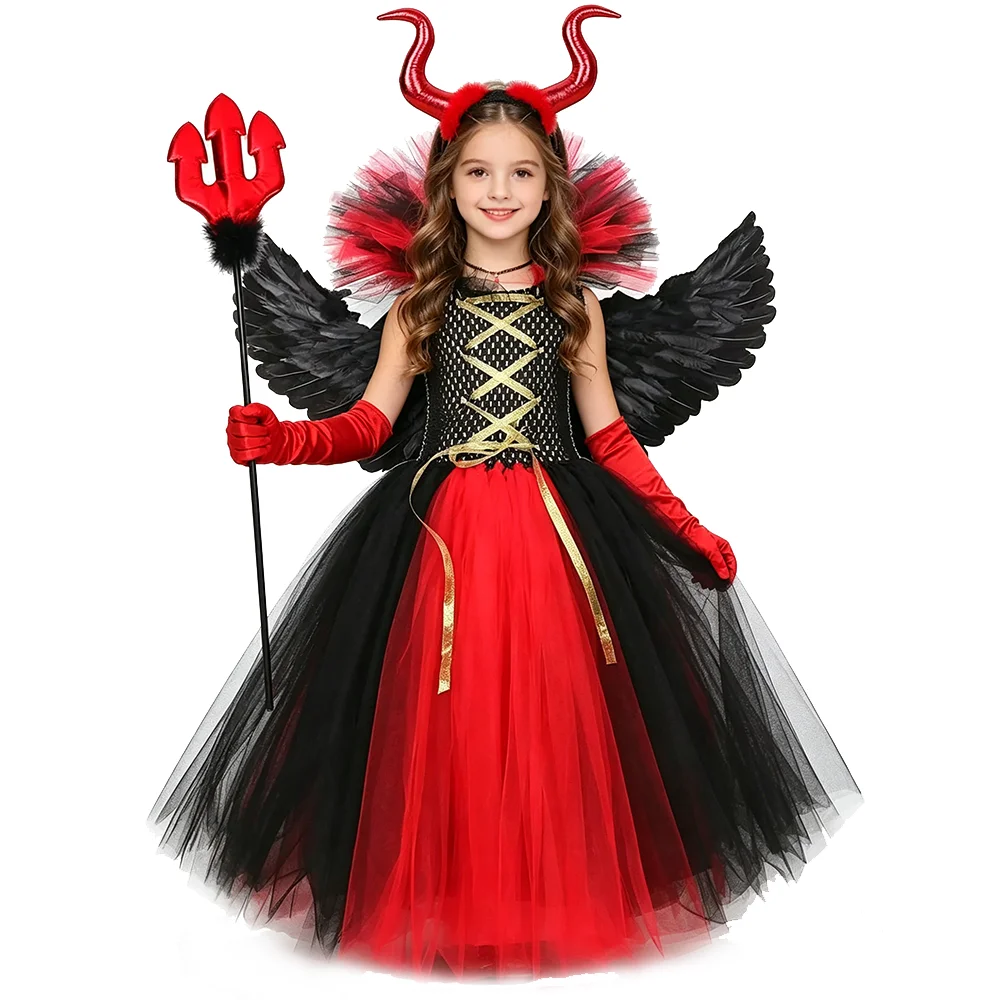 Kids Long Devil Witch Tutu Dress Set Girls Black Red Demon Halloween Cosutmes with Horns Wings Children Carnival Party Outfit