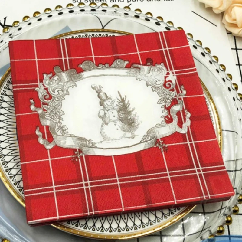 ColorfulPrinted Napkins Christmas Plaid Cartoon Snowman Christmas Festival Party Tissue Paper Wine Glass Folding Paper wholesale