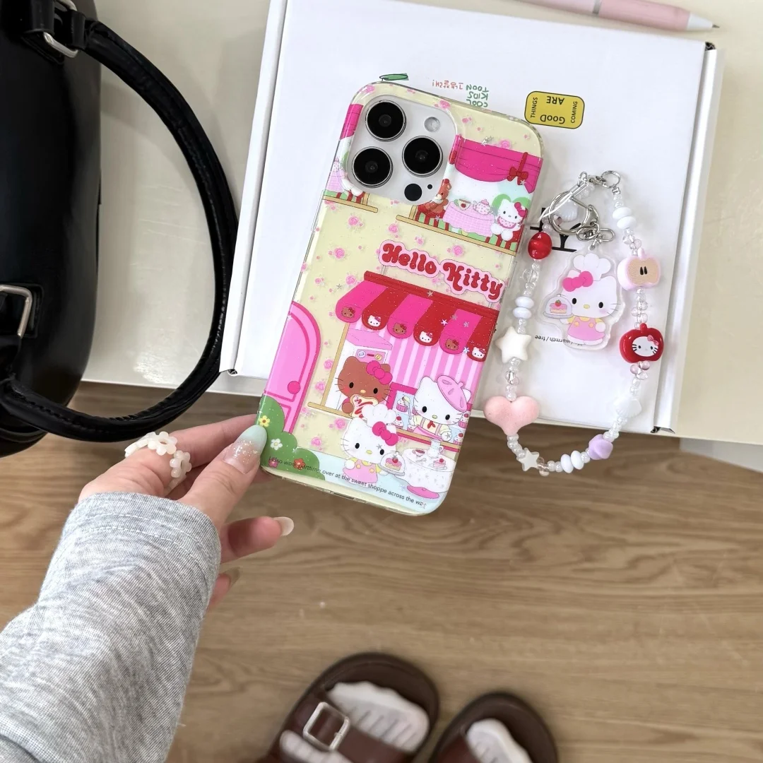 

Cartoon Dessert house Kawaii Dessert chef Hello Kitty Phone Case For iPhone 16 15 14 Pro Max Y2K lovely accessory Lanyard Cover﻿