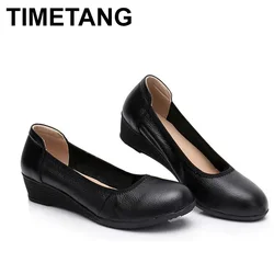 TIMETANGCow leather wedges shoes women slip on round toe ladies high heel pumps party comfort office lady work wedding shoes