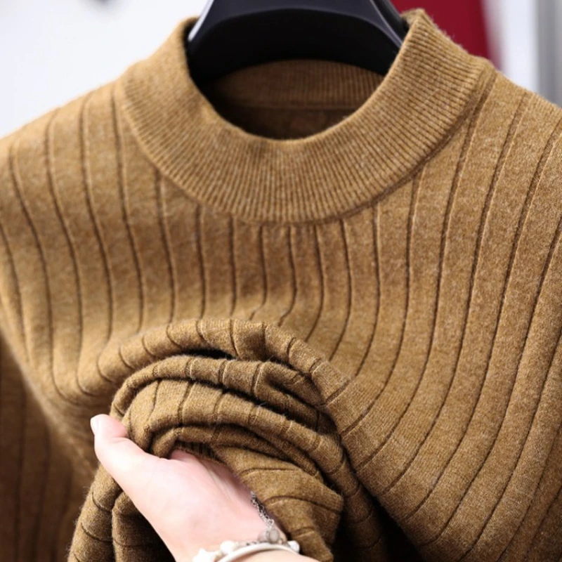 سترة رجالية محبوكة برقبة شبه عالية، نسيج صوف 500 جرام، مضاد للبيلينغ، طراز فاخر هادئ، بيج رمادي بني ​