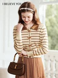 I BELIEVE YOU Women Sweater Autumn 2023 Apricot Striped French Slouchy Bow New Polo Collar Slim Knitted Sweet Tops 2234125238