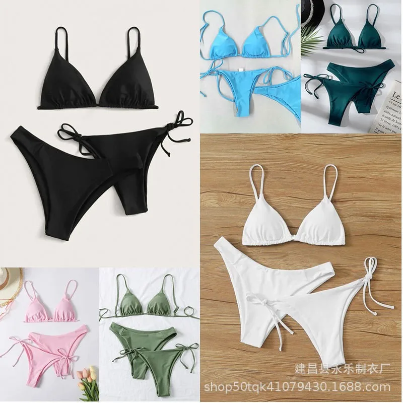 Woman Bikini Triangle Top Black Bikinis Tie Side Bottom Solid Color Swimwear Eco Friendly High Stretch Two Piece Emerald Green