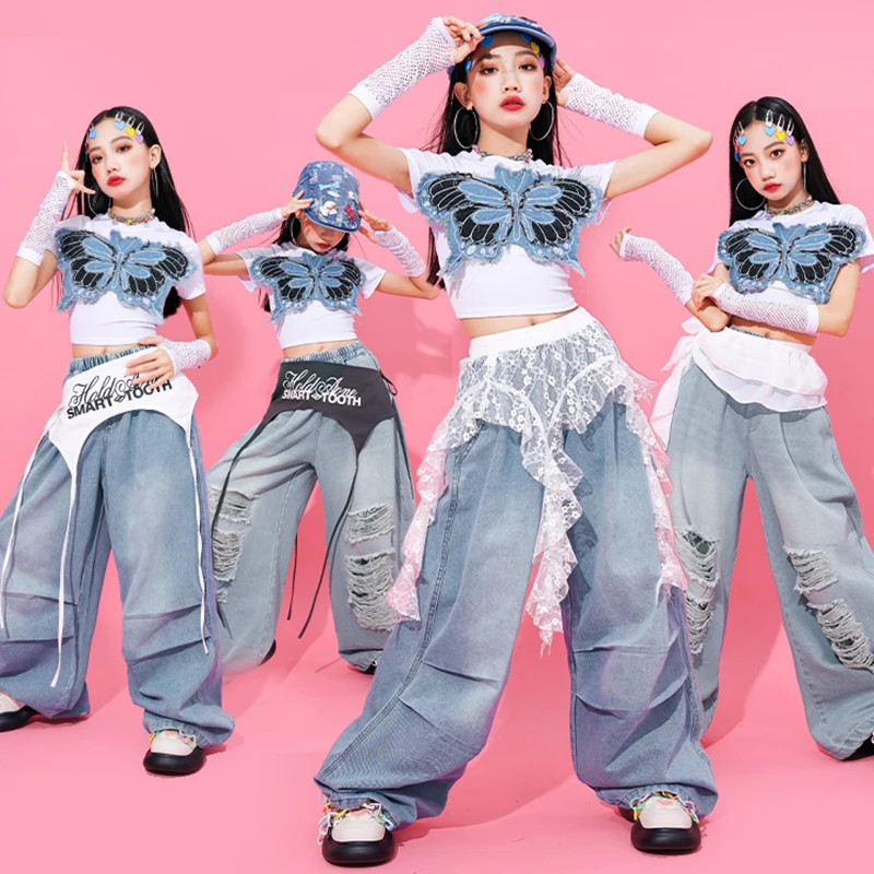 

Hip Hop Girls Outfit Jazz Dance Stage Show Suit Butterfly Crop Top Denim Pants Kid Street Dance Clothing Kpop Costumes AMY2329