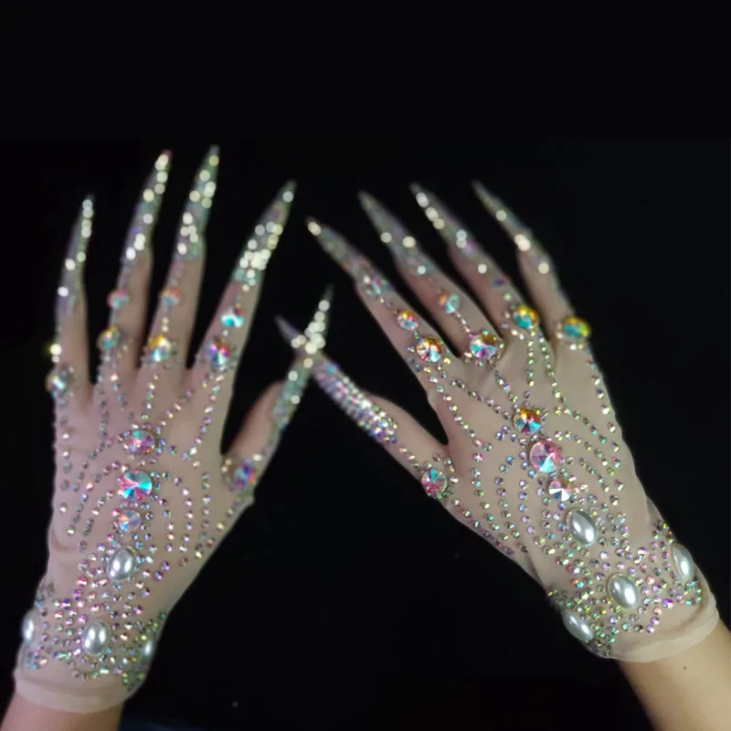 Luxurious AB Rhinestones Pearls Plus Length Nails Gloves Women Fashion Drag Queen Outfit Nightclub Stage Performance Accessories