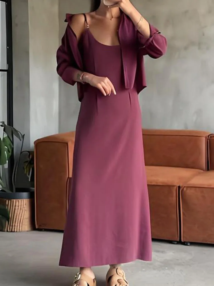 

Women Fashion Lapel Button Shirt with Skirt Set Elegant Simple Loose 2Pc Outfits Casual Sleeveless Long Skirt Solid Holiday Suit