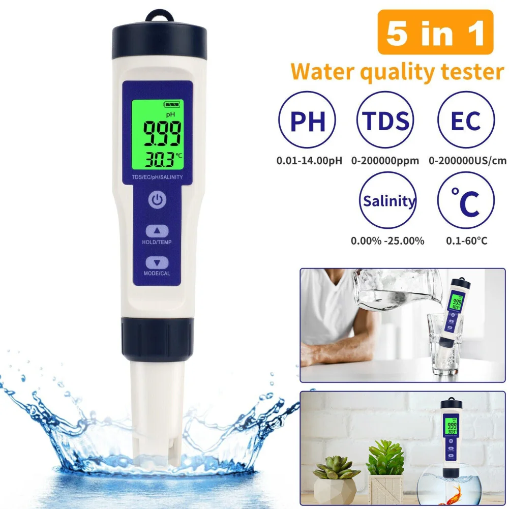 Medidor De PH Multifuncional Com Luz De Fundo, Testador De Água De Alta Precisão, Temperatura De Salinidade PH TDS EC