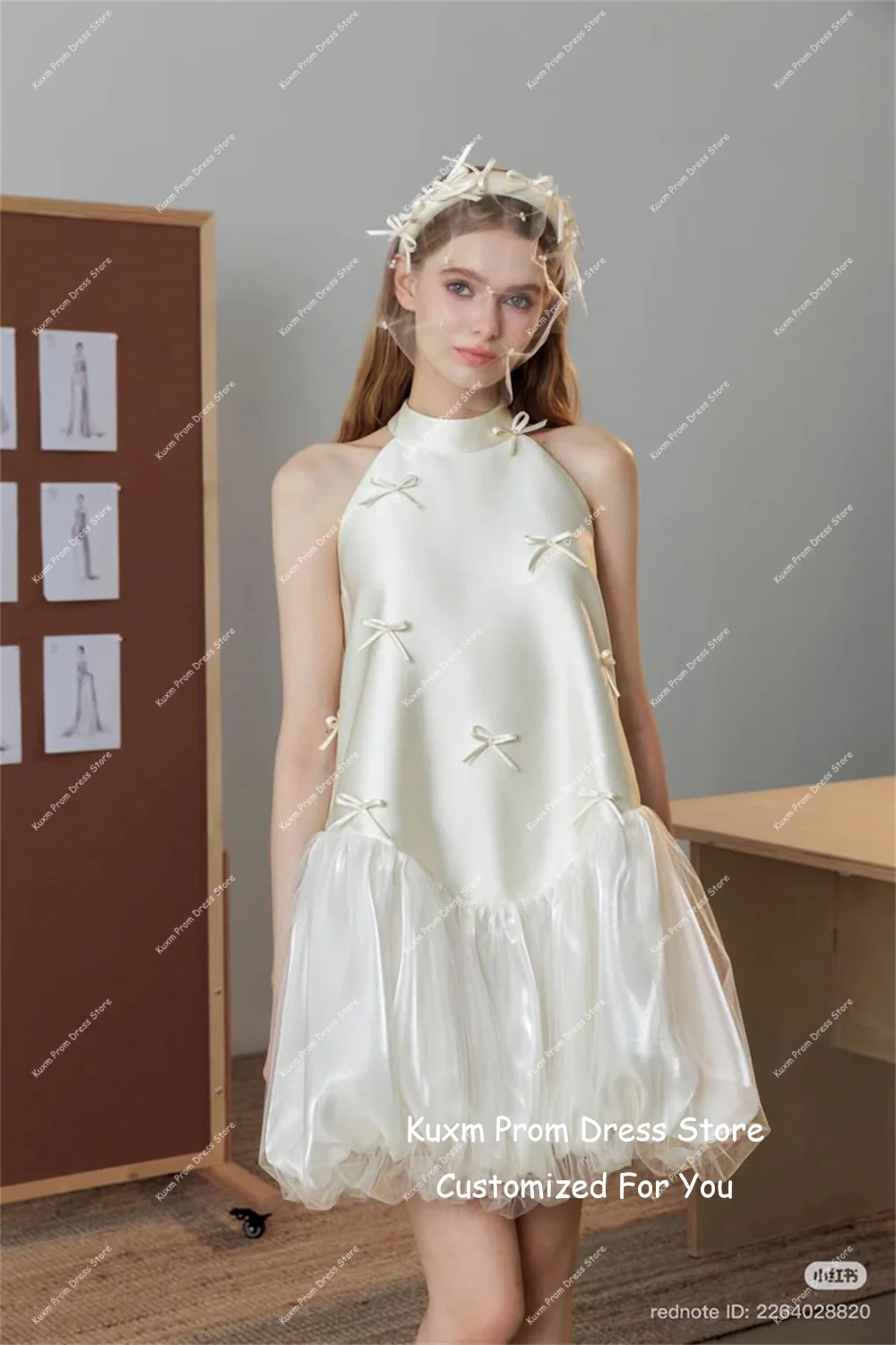 Kuxm Satin Short Modern Women's Wedding Gowns Halter Bow Sleeveless Fashion Prom Gowns Vintage Mini Vestido Noiva Customized