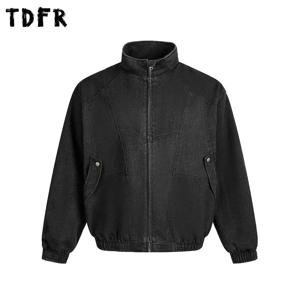 

Spliced Denim Jacket Mens Washed Distressed Retro Casual Loose Long Sleeve Stand Collar Pocket Outerwear Man