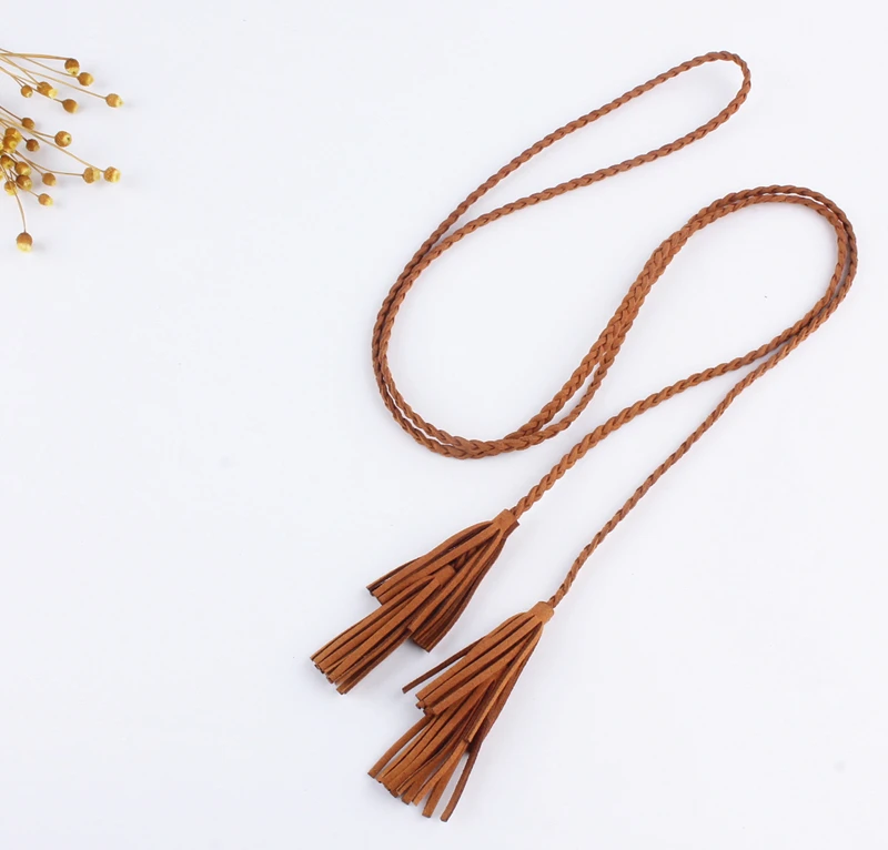 

Skinny Knitted Braided Belts for Women Ladies Decorative Dress Knot Rope Female Woven Thin Belt Tassel Waist Crystal Strap
