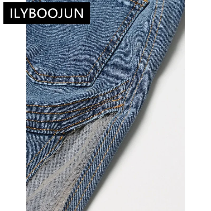 Ilyboojun-女性のための純粋なメッシュデニムパンツ,ハイウエスト,スリットポケット,痩身ジーンズ,セクシーなパッチワーク,新しいコレクション