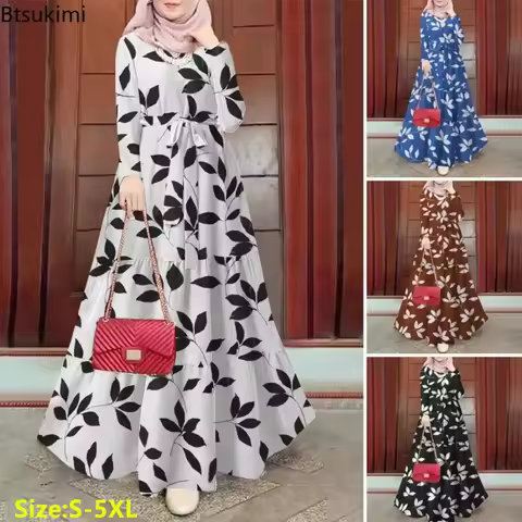Muslim Fashion Abayas for Women Floral Printed Long Sleeve A-Line Loose Maxi Dress Elegant Evening Dress Dubai Kaftan Robe Femme