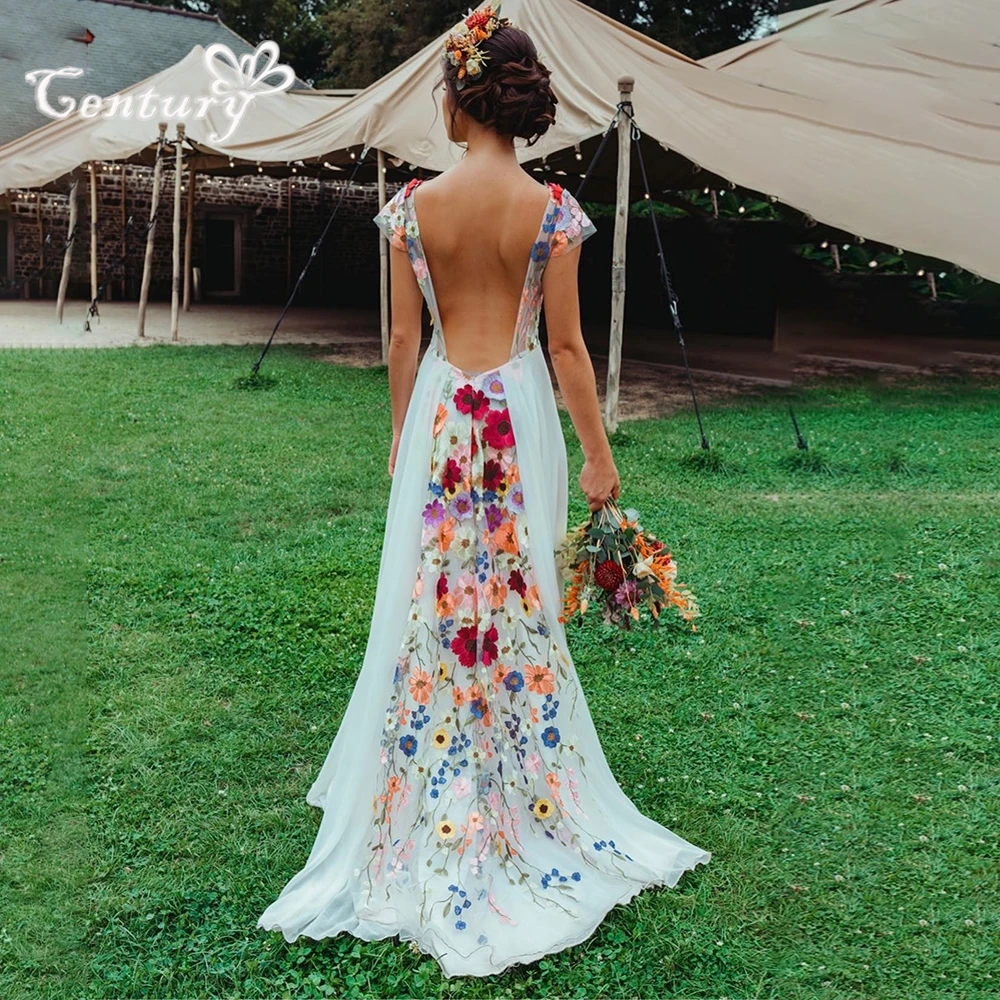 Colorful 3D Flowers Floral Wedding Dress Women Backless Cap Sleeves V Neck A Line Blooming Embroidered Bridal Gowns Customized