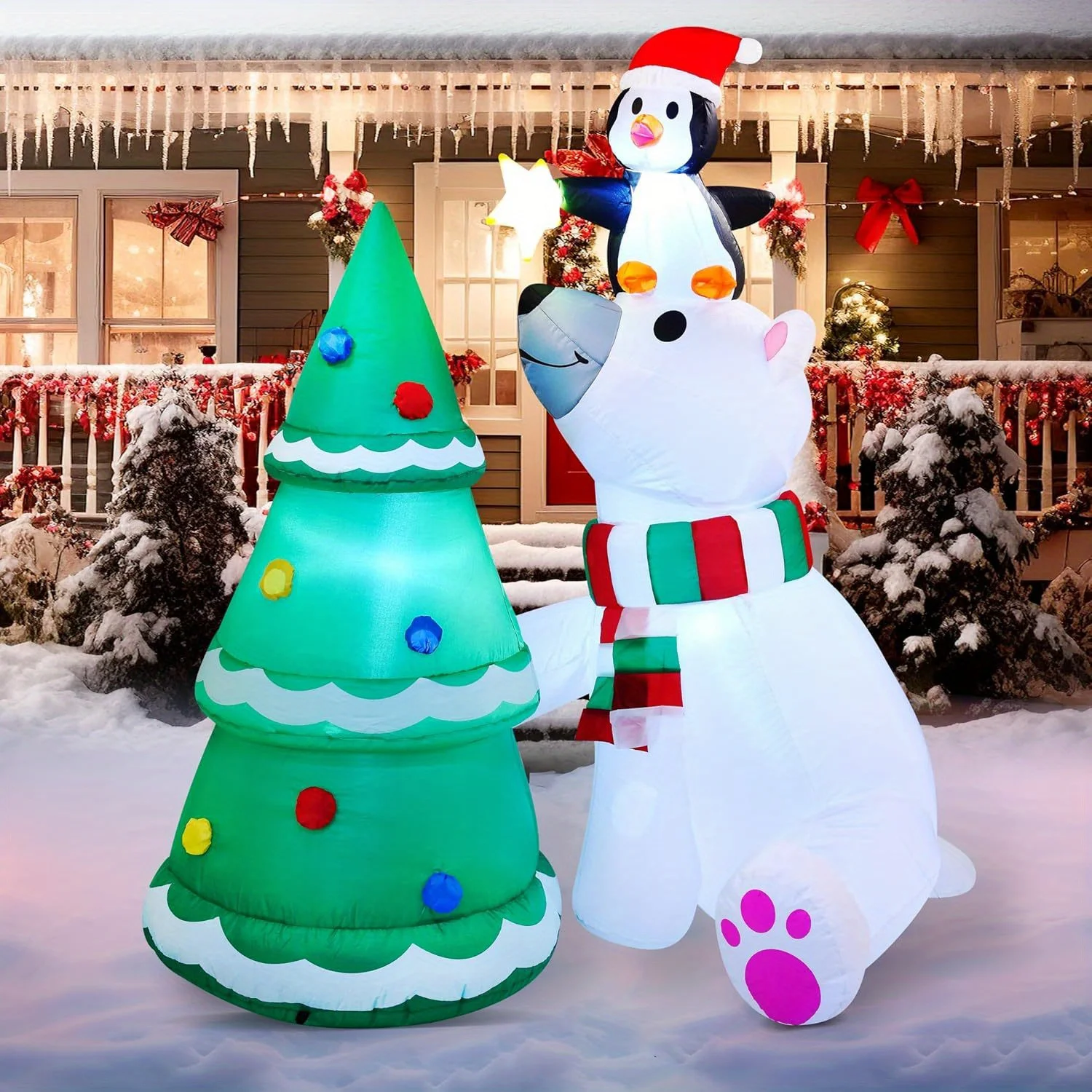 6 ft Christmas Polar Bear Inflatable Decoration Polar Bear with Penguin & Xmas Tree Inflatable Décor with Build-in LEDs Blow Up for Christmas Party Outdoor Yard Garden Winter Decoration