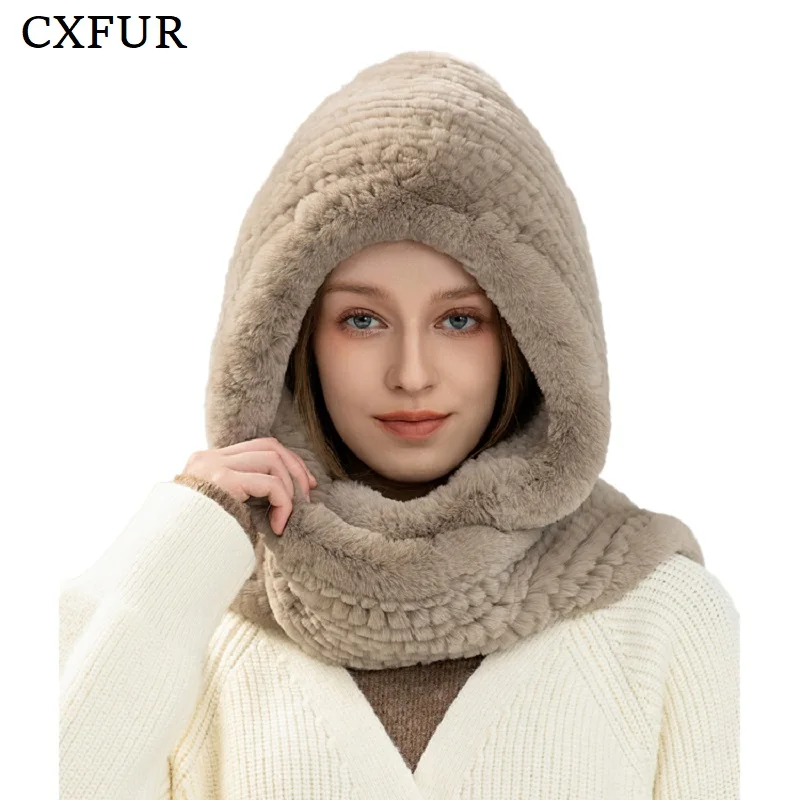 CX-C-344B Double Faced Furry Hand Knitted Women Real Rex Rabbit Fur Hat with Scarf