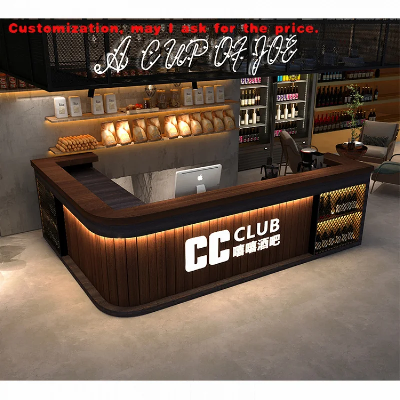 custom.Vintage Industrial Wood Counter Art Bar Table L-shape Cash Register Grill Restaurant Front Desk Reception