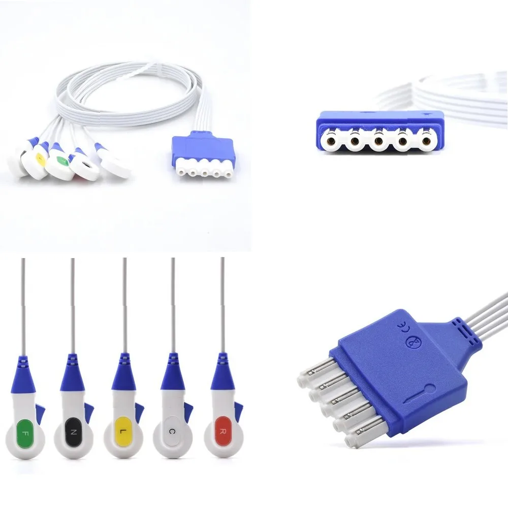 Disposable ECG Lead Wires, 5-Lead Clip Type, Compatible with IEC Monitors