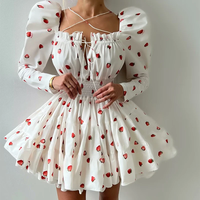 

2025 Fashion Women Strawberry Print Holiday Party Mini Dresses Vintage Puff Sleeve Elastic Waist Ball Gown Dress Autumn Robe