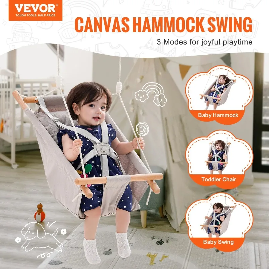 Canvas Hammock Swing 3 Modes Baby Swing 5-Point Harness Indoor Outdoor