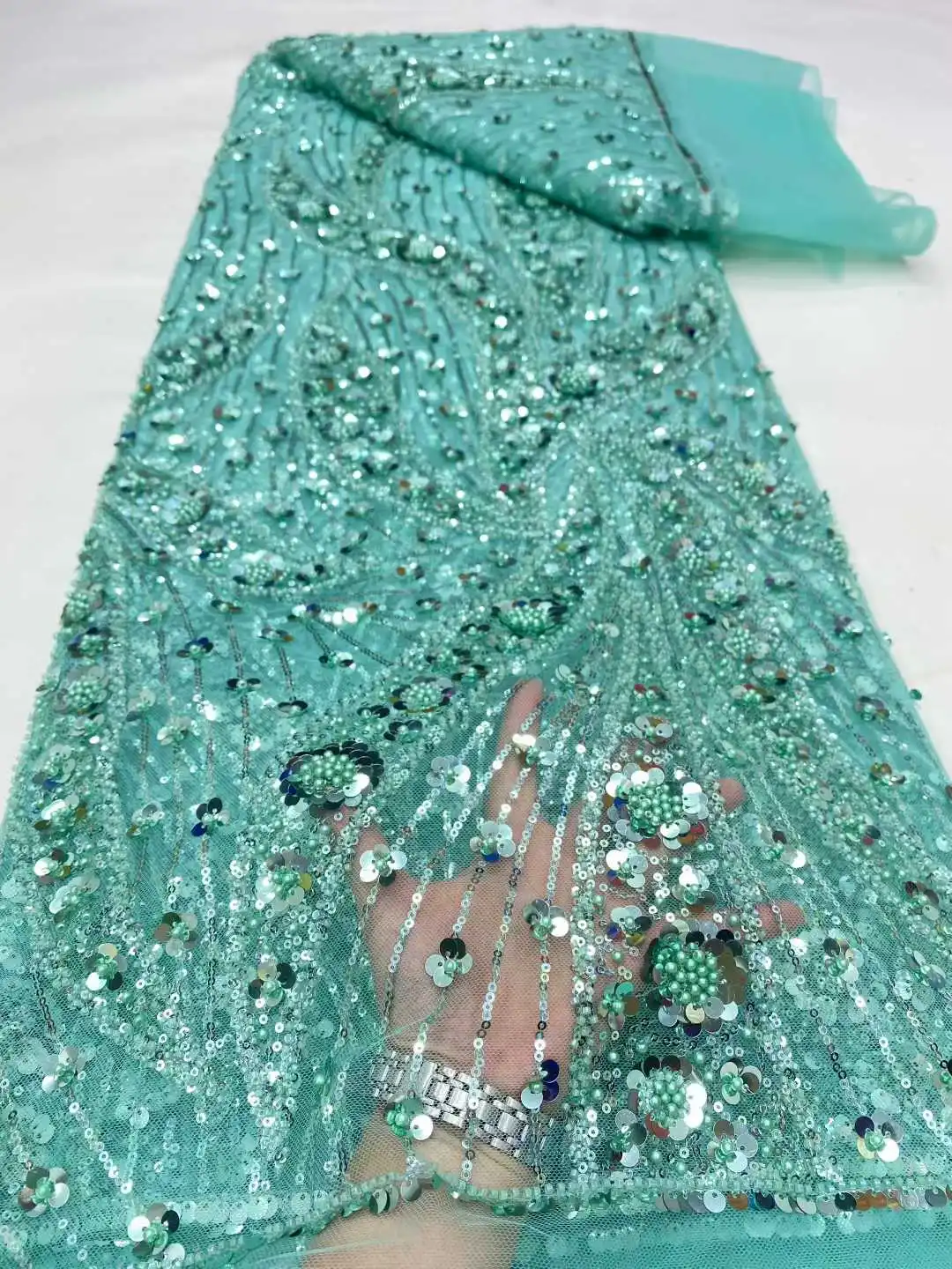 

French Groom Lace Fabric High Quality Lace 5 Yards Party Christmas Dress Nigerian Sequin Embroidery African Fabric For Wedding