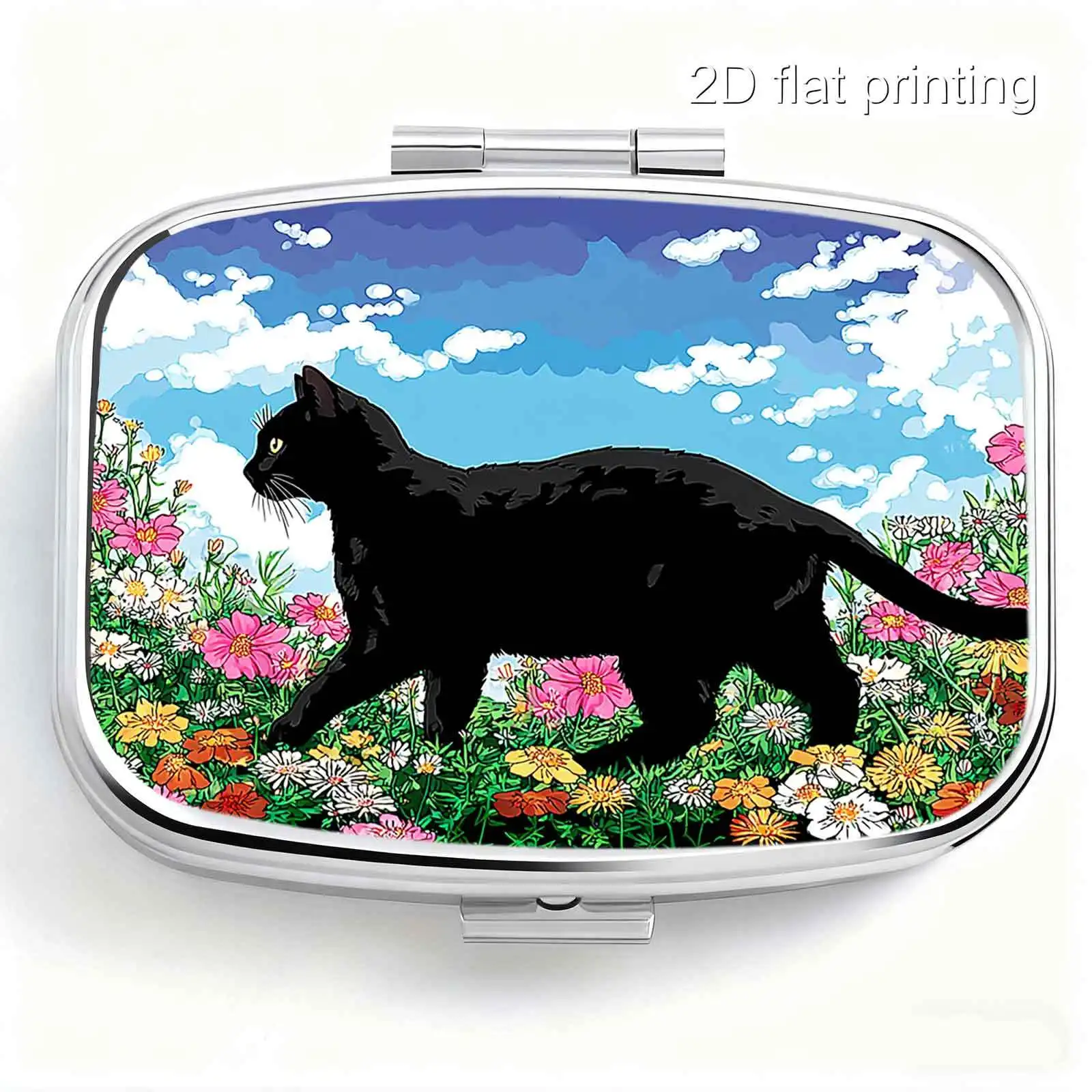 American-Style Cartoon-Style Hand-Painted Patterns of Black Cats, Blue Sky, White Clouds, and Wildflowers, Square Two-Compartment Small Pill Box, Portable Medicine Storage, Small Jewelry Storage, Suitable for Handbags or Travel, Holiday Gifts, Souvenirs, Prizes, Small Gifts, Suitable for Personal Use or as an Exquisite Gift Option