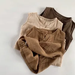 1-7Y Summer Baby Boys Girls Sleeveless T Shirts Korean&Japan Fashion Toddler Kids Cotton Linen Tank Tops Casual Children Clothes