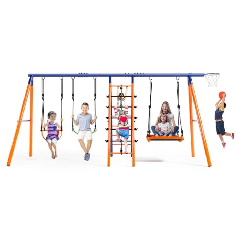 

Многофункциональный игровой комплекс 6 в 1 для двора и улицы: прочная металлическая стойка с 3 регулируемыми качелями и лестницей для лазания