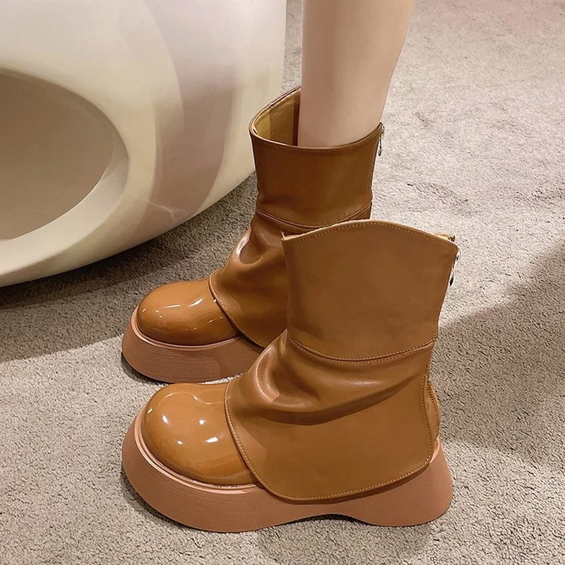 Autumn Winter Fashion Women & Girls Trouser Boots Fashion Female Patent Leather Shoes Thick-Soled Boot Sports Casual Size 35-40