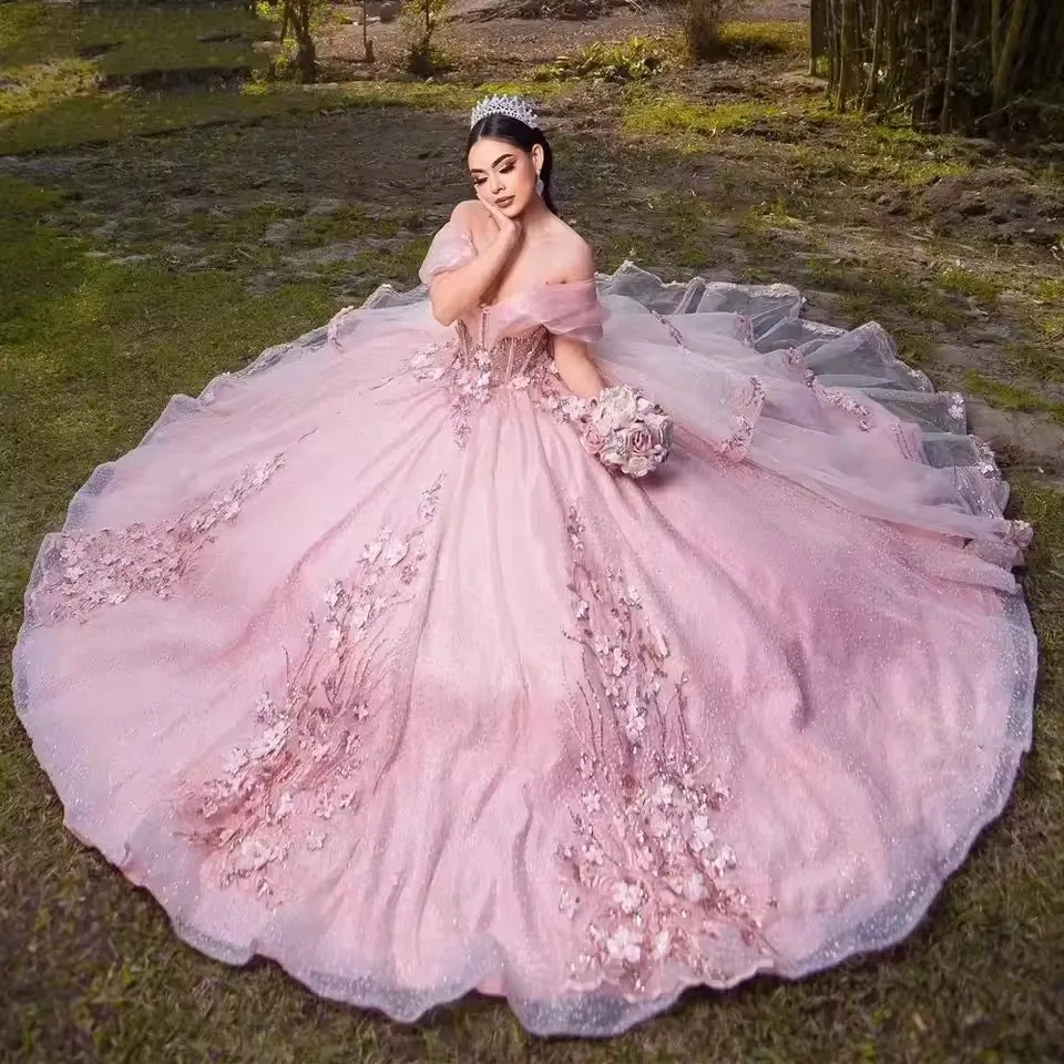 Disesuaikan Vestidos De 15 quinceaberdeera Baratos payet merah muda Tulle gaun bola Quinceanera renda Appliqued pesta pernikahan