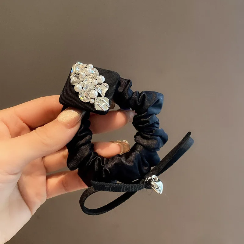 

2025New Black Personality Heavy Craft Sparkling Diamond Bow Hair Tie Elegant Ponytail High-end Hair Accessory