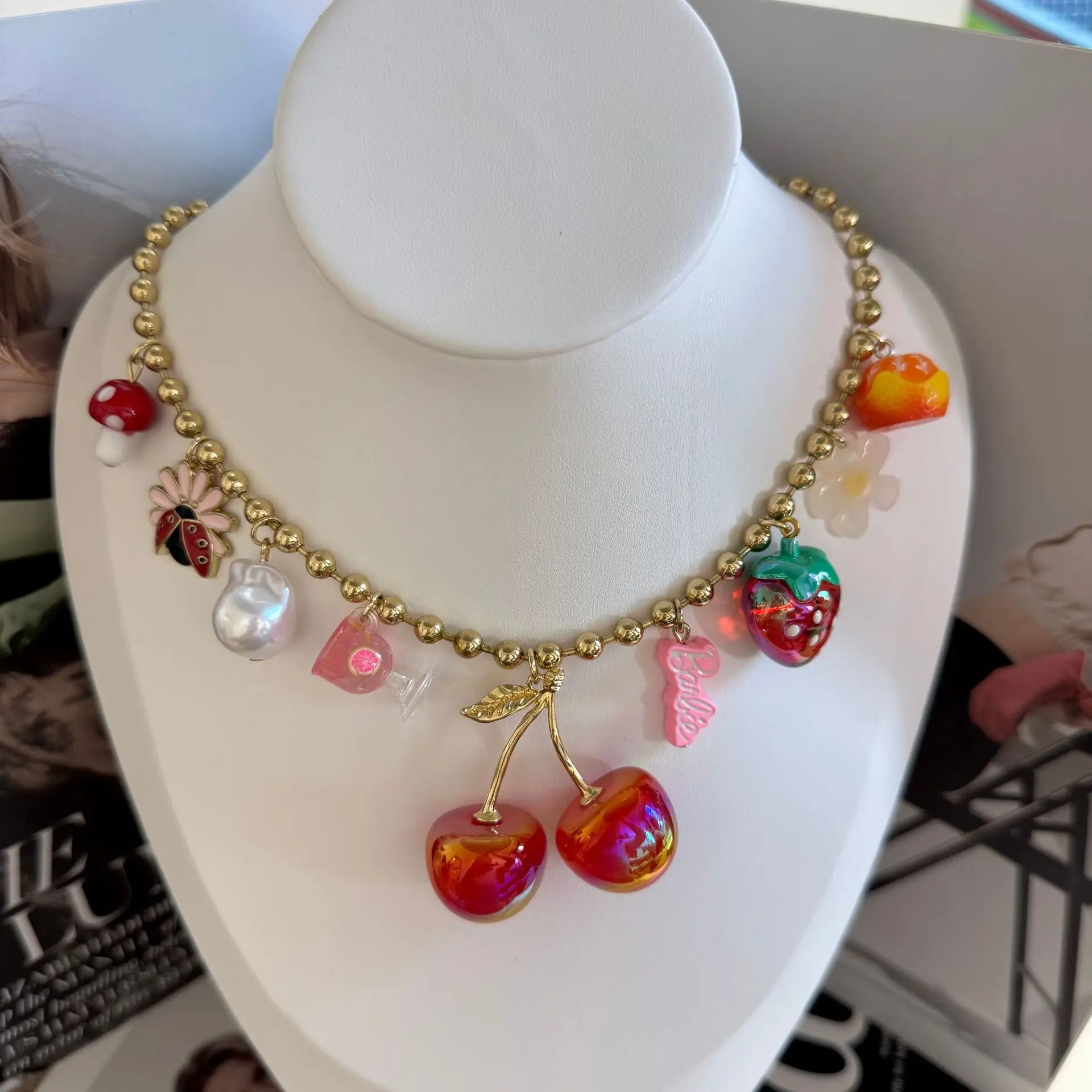 Fashion Exaggerated Heart Beaded Cherry Fruit Cute Pendant Clavicle Chain, Women Jewelry Gift