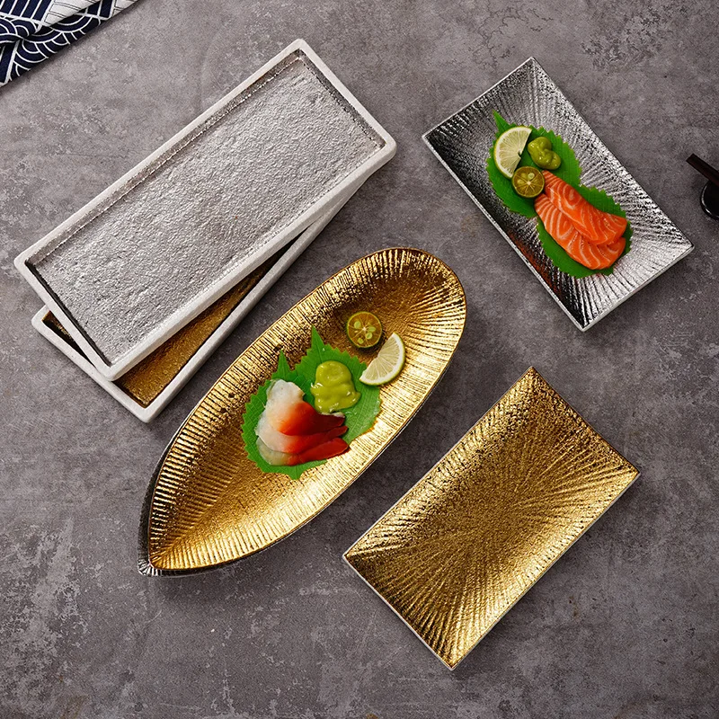 Rectangular Sushi Plate Japanese White Background Gold Ceramic Dinnerware Household Barbecue Dish Restaurant Sashimi Salmon Tray