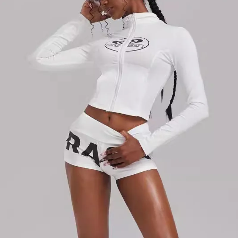 

Letter Print Long Sleeve Round Neck T-Shirt High Waist Shorts Set For Women's Sexy Fashion Comfortable Slim Fit Short Sports Set
