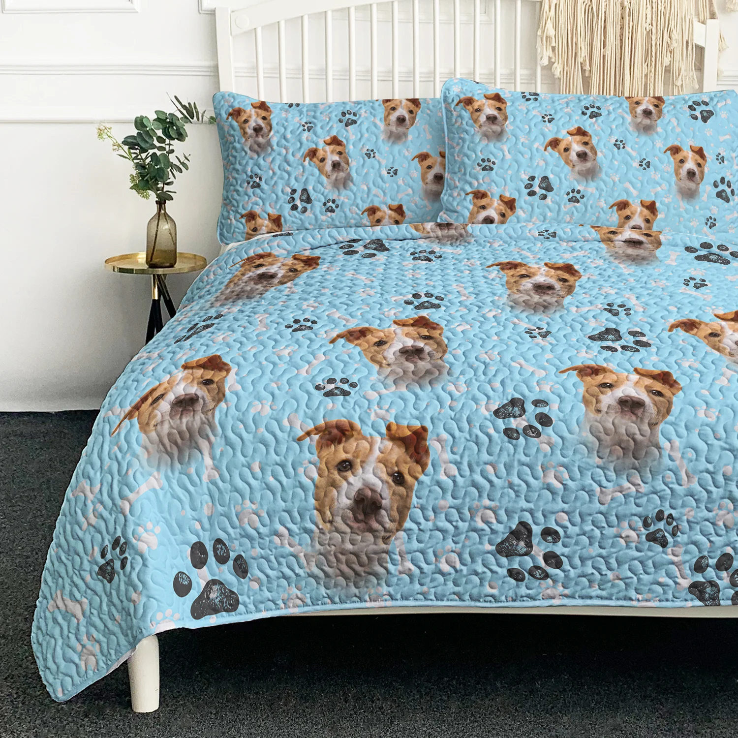 

Dog Head and Cute Footprint Design Quilt Set Soft Comforter With 2 Pilowcases Nice Gift for Birthday Christmas