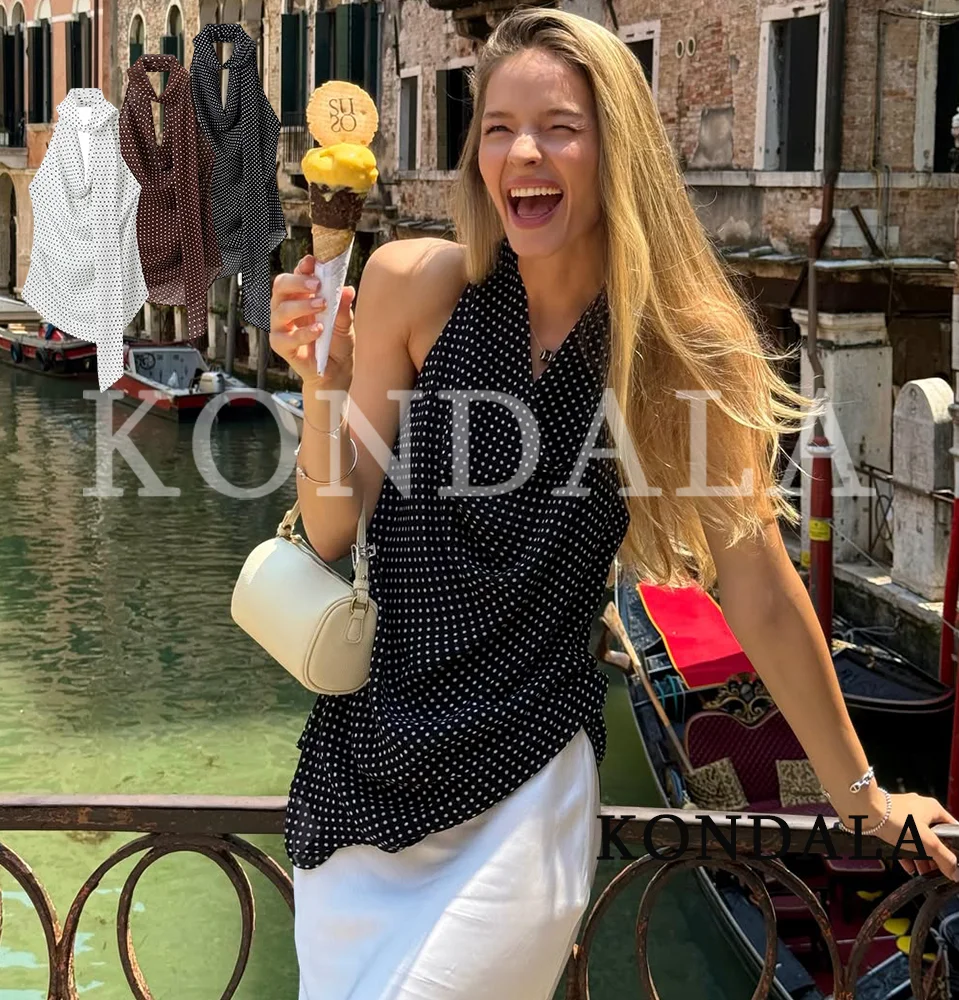 

KONDALA Women Summer Elegant Polka Dot Chiffon Halter Tops Trendy High Street Scarf Collar Tops 2026 Fashion Holiday Party Tops