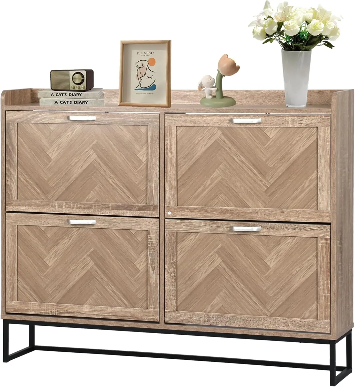 

Shoe Storage Cabinet With 4 Flip Drawers, Closed Shoe Organizer For Entryway, Narrow Hidden Shoe Ra With Metal Legs,