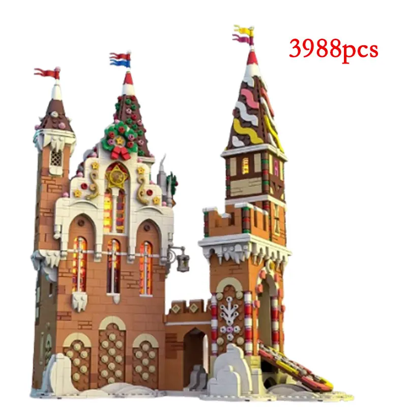 Modèle d'architecture de rue de pain d'épice d'hiver de MOC de petite particule, vue créative de château, jouets de cadeau de bricolage, ornements de puzzle