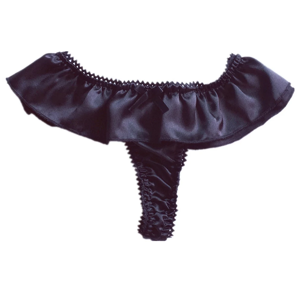 Fashion Sissy Underwear Emulation Silk Lingerie T-Back Briefs Low Rise Panties Ruffled Sexy Stretchy Underpants