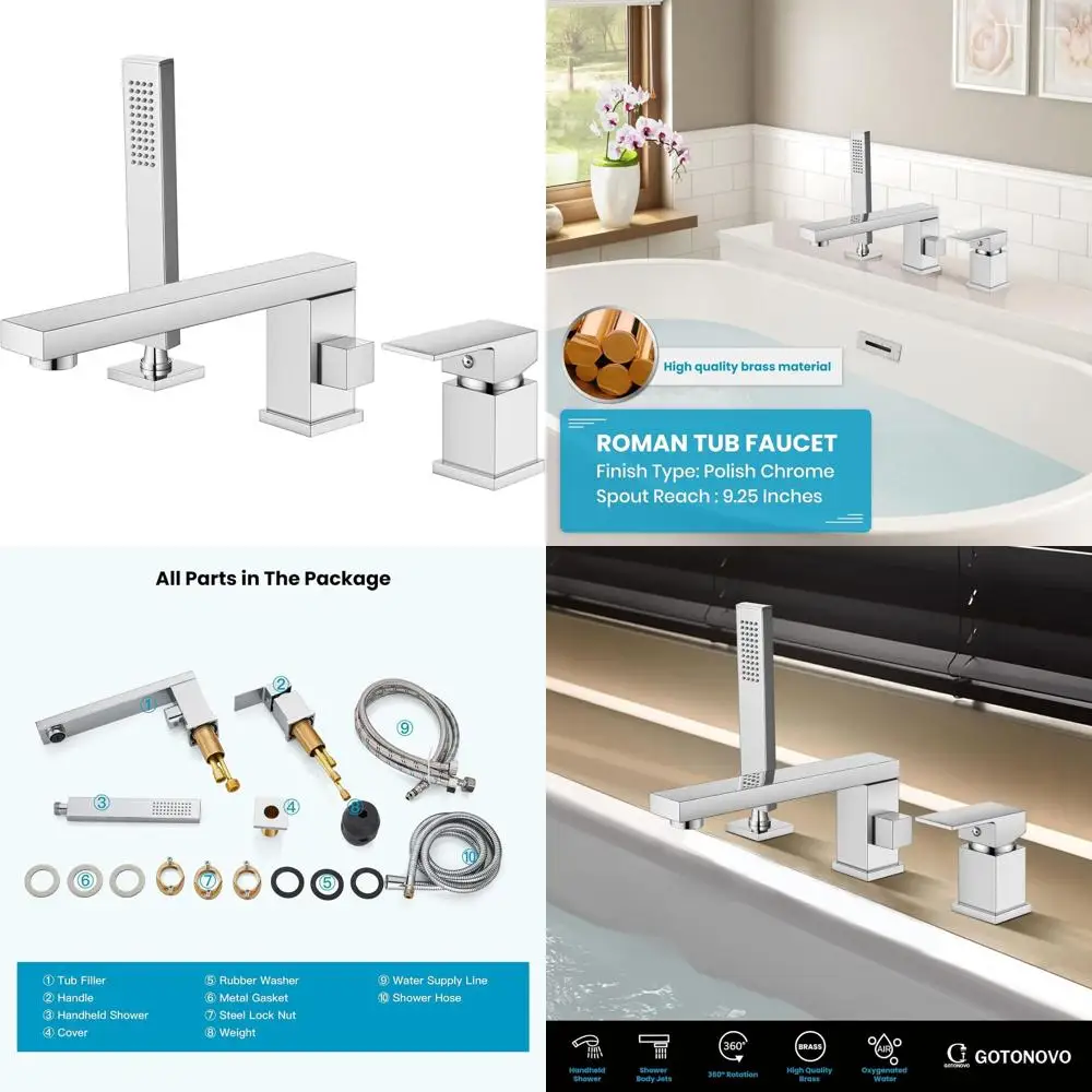 

360° Swivel Deck-Mounted Widespread Bathtub Faucet Set with Hand Shower, 3-Hole, Polished Chrome Finish