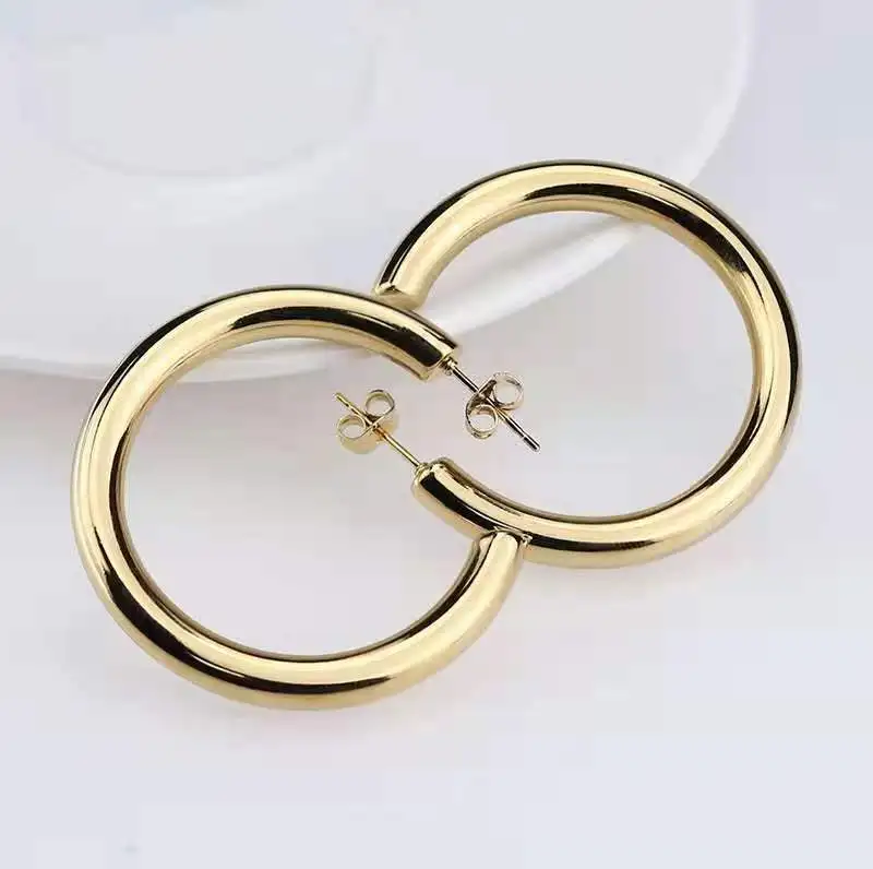 30/40/50mm C Shape Stainless Steel Hoop Earrings for Women Classic 14K Gold Plated Large Thick Hoop Earrings Fashion Accessories