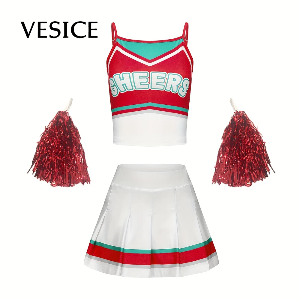 

Cheerleading Uniform Cheer Dancewear Strappy Tops Vest Cheerleader Short Skirt Set Girls Kids Cute Sports Performance Costume