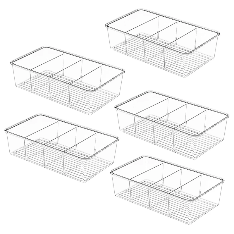 5 Pack Food Storage Organizer Bins, Plastic Removable Snack Organizer Pantry Organization Storage Racks With 3 Dividers