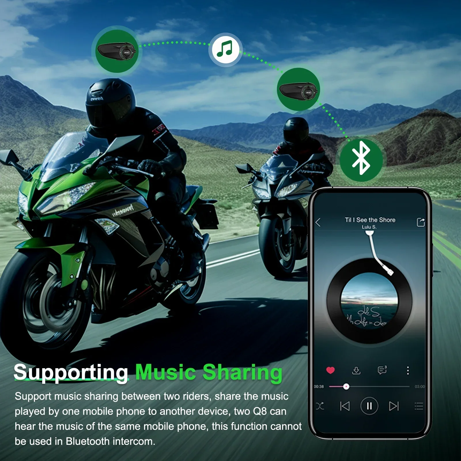 EJEAS Q8 2pcs Motorcycle Bluetooth5.1 Six-Person Group Intercom Mesh3.0 Mesh Intercom Technology Music Sharing Fm Ip67 Custom 