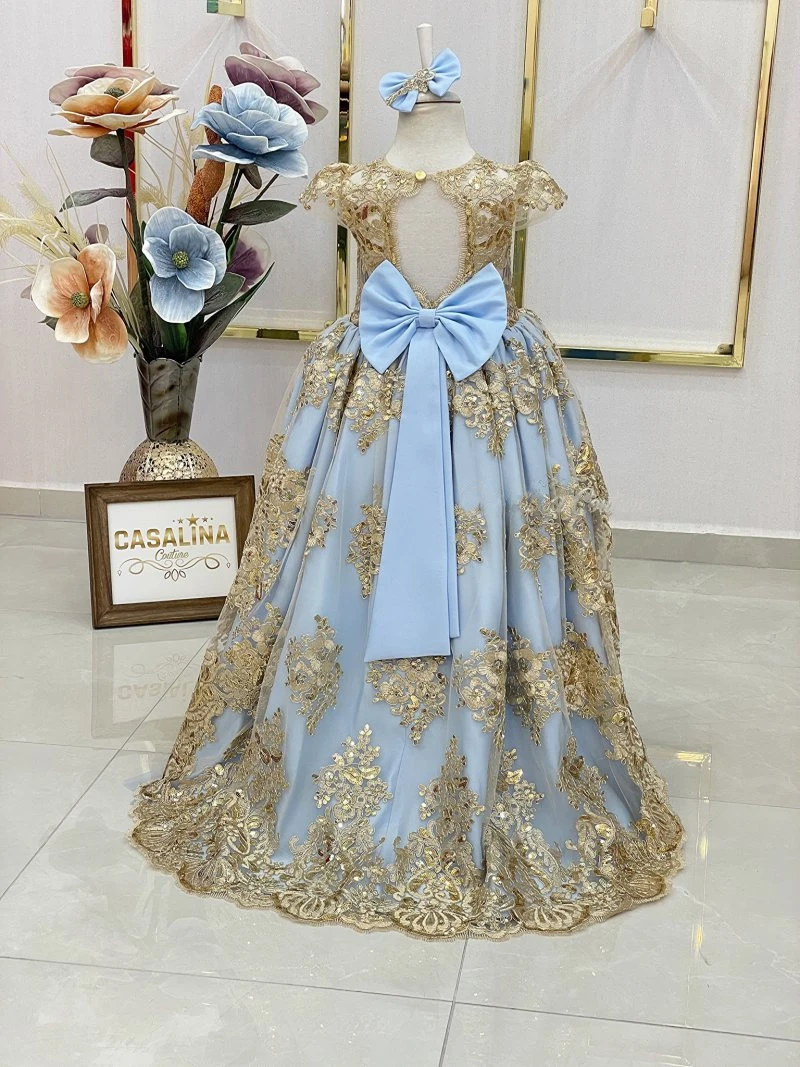 Gorgeous Flower Girl Dress Blush Gold Lace Princes Full Length Puffy Kids Birthday Gift First Communion Gowns Evening Dresses