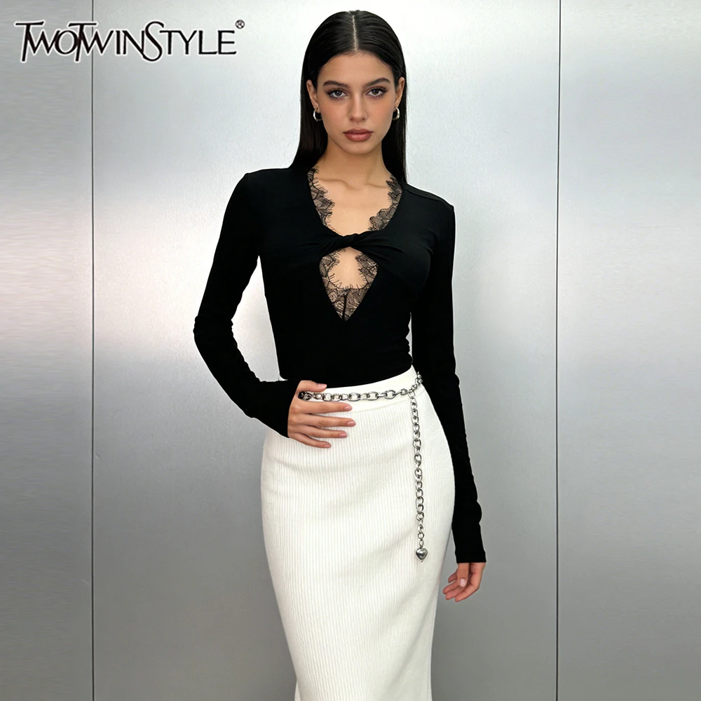 

TWOTWINSTYLE Solid Slimming Spliced Lace Fashion T Shirts for Women V Neck Long Sleeves Patchwork Folds Elegant T Shirt Female