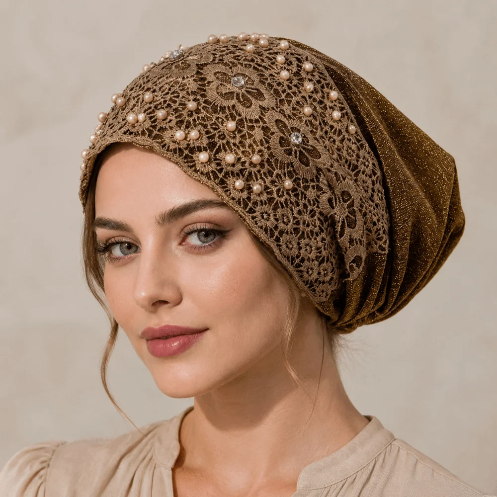 Comfortable Embroidery Women's Lace Turban Cap Lace Trim Floral Pattern Muslim Headscarf Cap Islamic Turban Hat Women