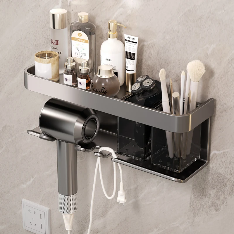 Wall Mounted Hair Dryer Holder Storage Shelf Hairdryer Rack Organizer Bathroom Accessories No-Drilling Shower Shelf Aluminum