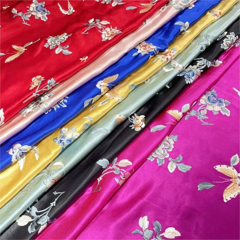 

Heavy acetate fabric satin pattern embroidery imitation Su Hanfu Chinese style film and television cheongsam dress multi-color