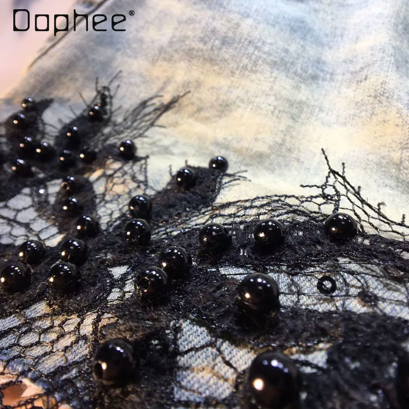 빈티지 헤비 인더스트리 비즈 레이스 스플라이싱 하이웨이스트 슬림 숏 팬츠 유럽풍 패션 솔리드 컬러 베이직 와이드 팬츠