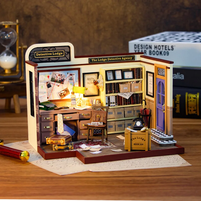 DIY Kit Modelo Miniatura de Madeira, Detective Agency of Lodge Casa, 3D Puzzle Dollhouse com Móveis, Decoração para Amigos, Presentes